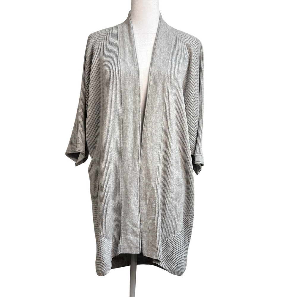 Chicos Size 1 M Gray Ribbed Shawl Cardigan Dolman Sleeve Duster Sweater‎